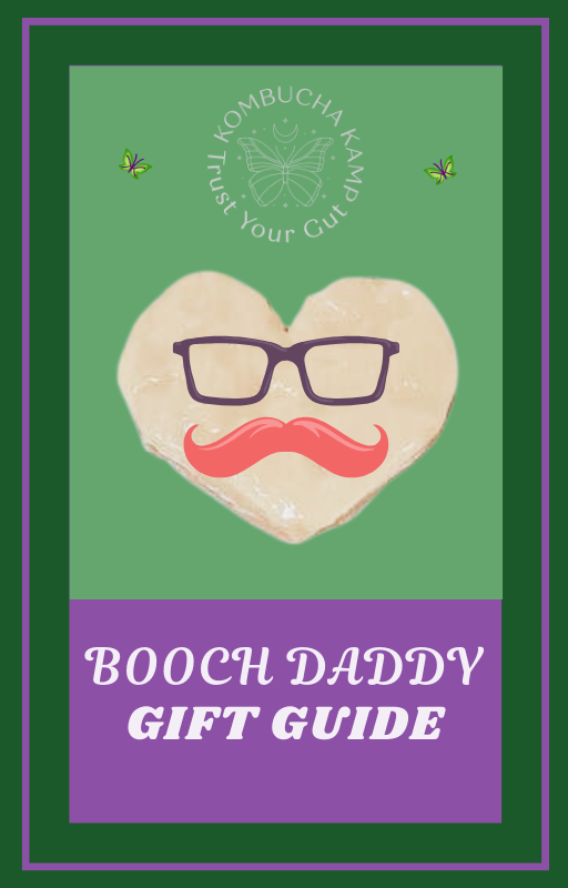 A gift guide for fathers day featuring a cute SCOBY in the shape of a heart with eyeglasses and a mustache
